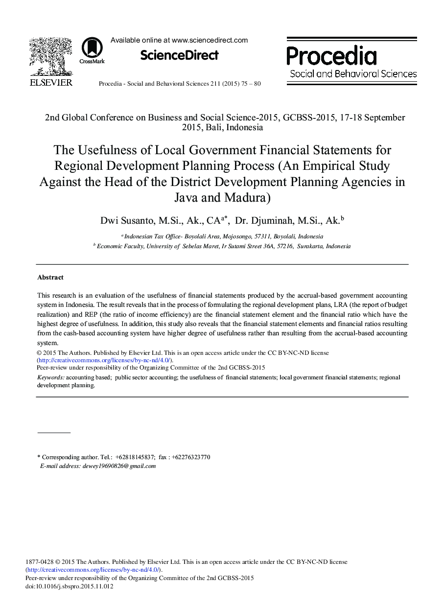 The Usefulness of Local Government Financial Statements for Regional Development Planning Process (An Empirical Study Against the Head of the District Development Planning Agencies in Java and Madura) 