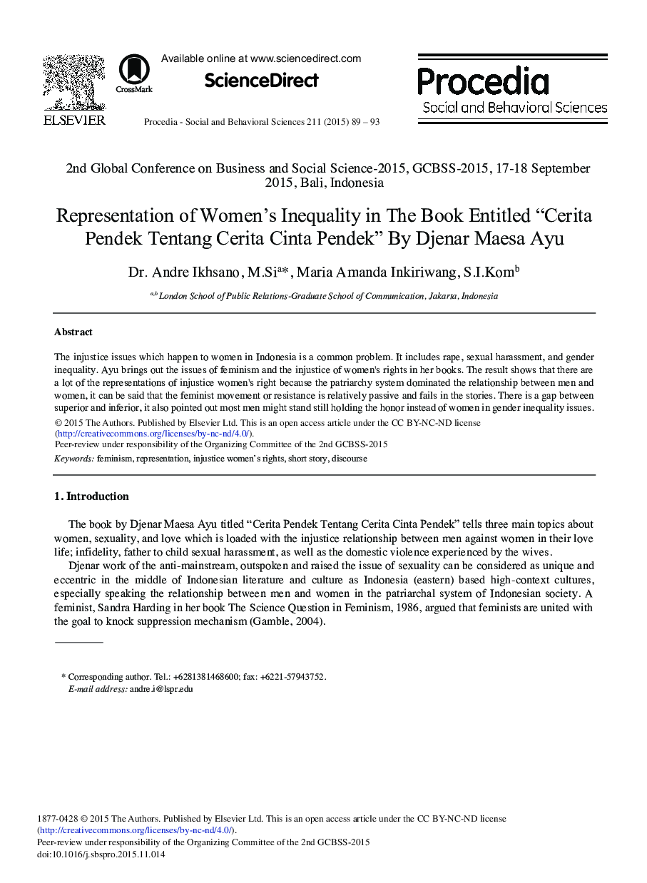 Representation of Women's Inequality in the Book Entitled “Cerita Pendek Tentang Cerita Cinta Pendek” by Djenar Maesa Ayu 