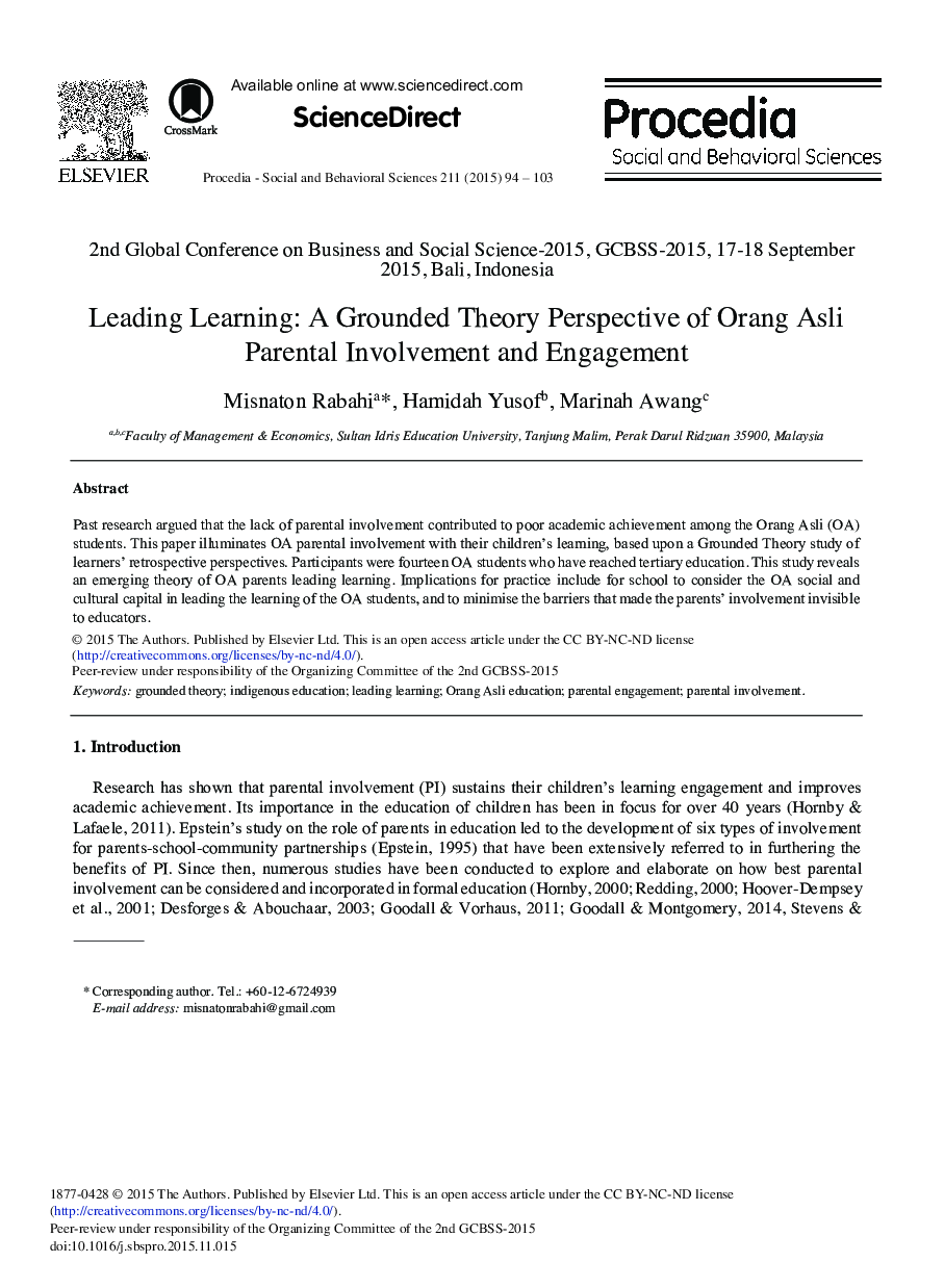 Leading Learning: A Grounded Theory Perspective of Orang Asli Parental Involvement and Engagement 