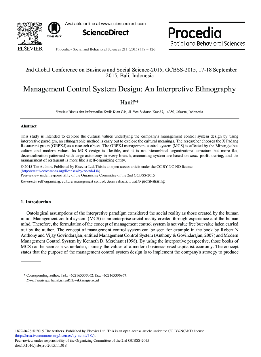 Management Control System Design: An Interpretive Ethnography 