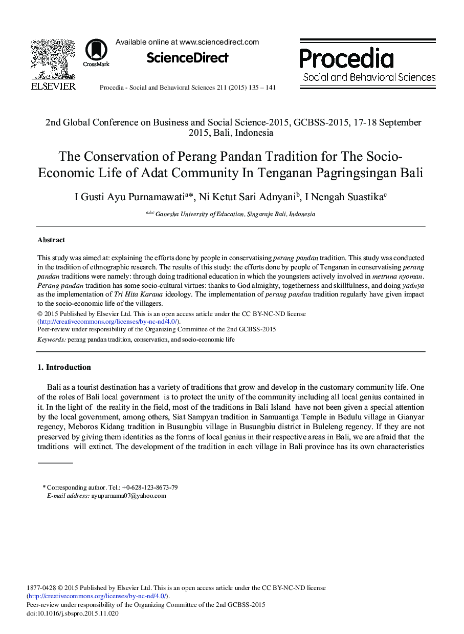 The Conservation of Perang Pandan Tradition for the Socio- Economic Life of Adat Community in Tenganan Pagringsingan Bali 