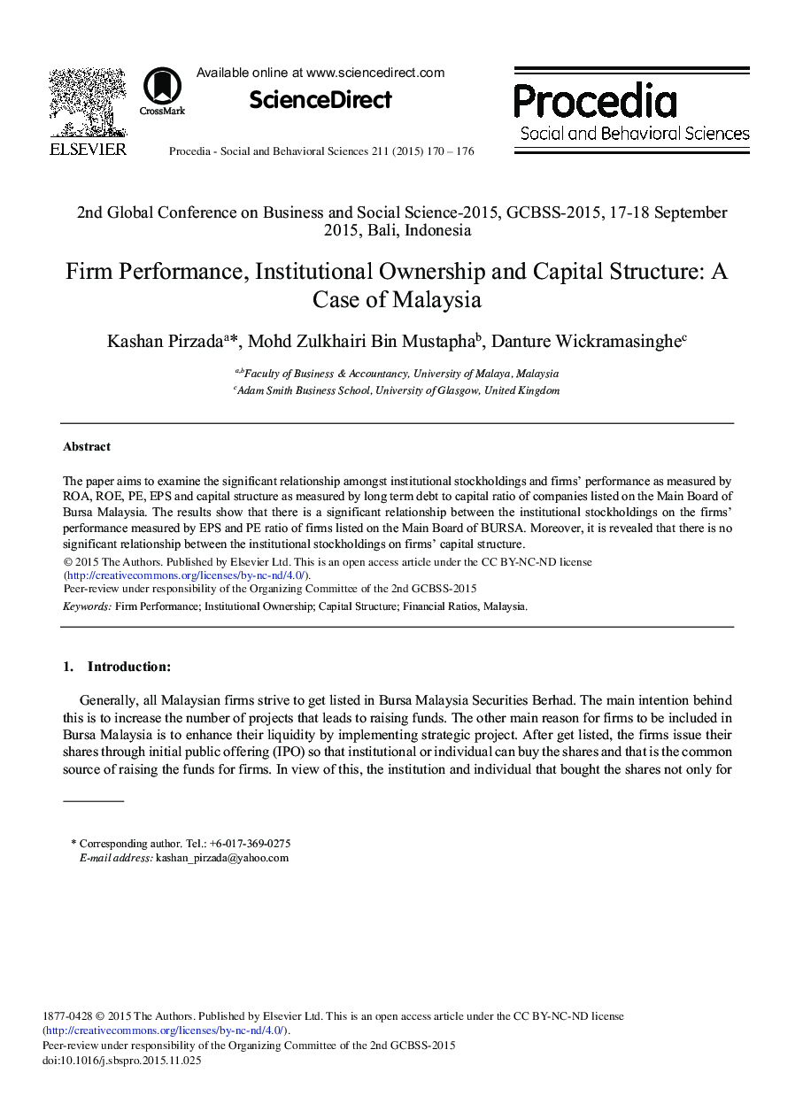 Firm Performance, Institutional Ownership and Capital Structure: A Case of Malaysia 