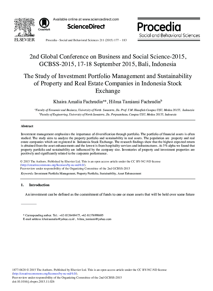 The Study of Investment Portfolio Management and Sustainability of Property and Real Estate Companies in Indonesia Stock Exchange 