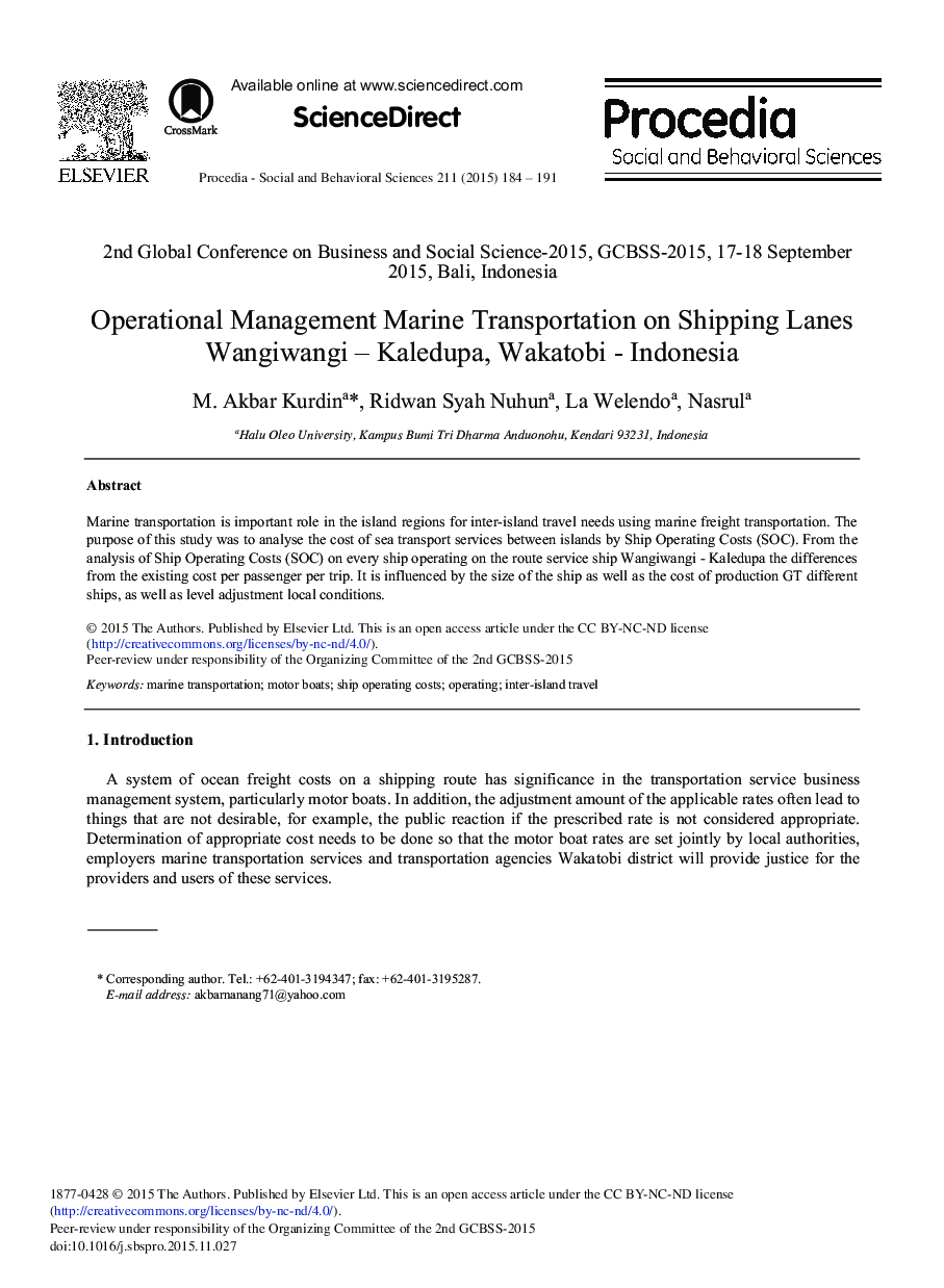 Operational Management Marine Transportation on Shipping Lanes Wangiwangi – Kaledupa, Wakatobi - Indonesia 