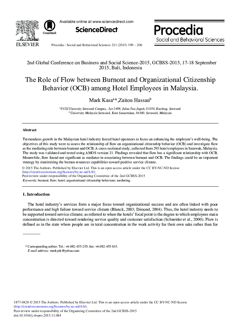 The Role of Flow between Burnout and Organizational Citizenship Behavior (OCB) among Hotel Employees in Malaysia 