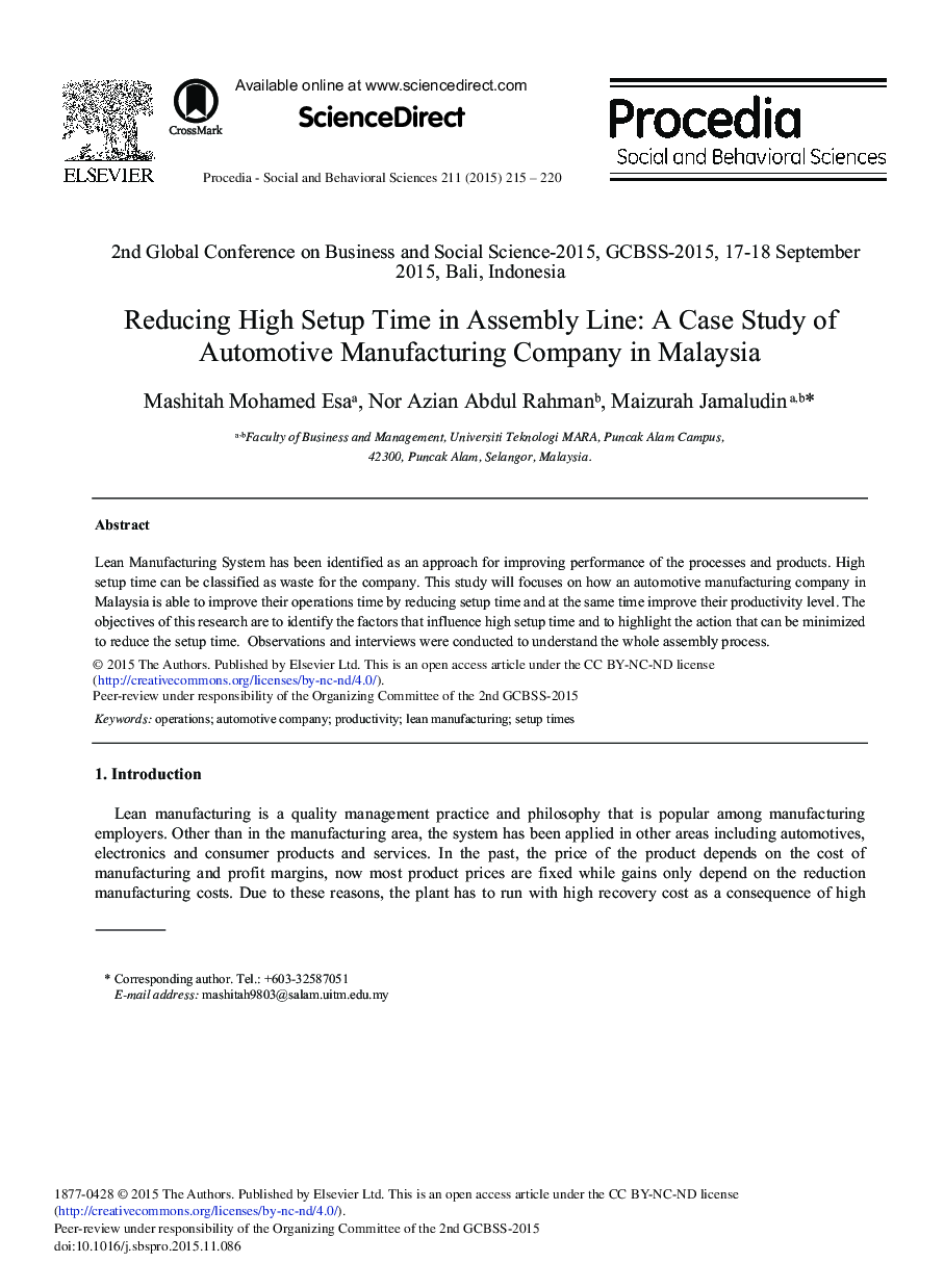 Reducing High Setup Time in Assembly Line: A Case Study of Automotive Manufacturing Company in Malaysia 