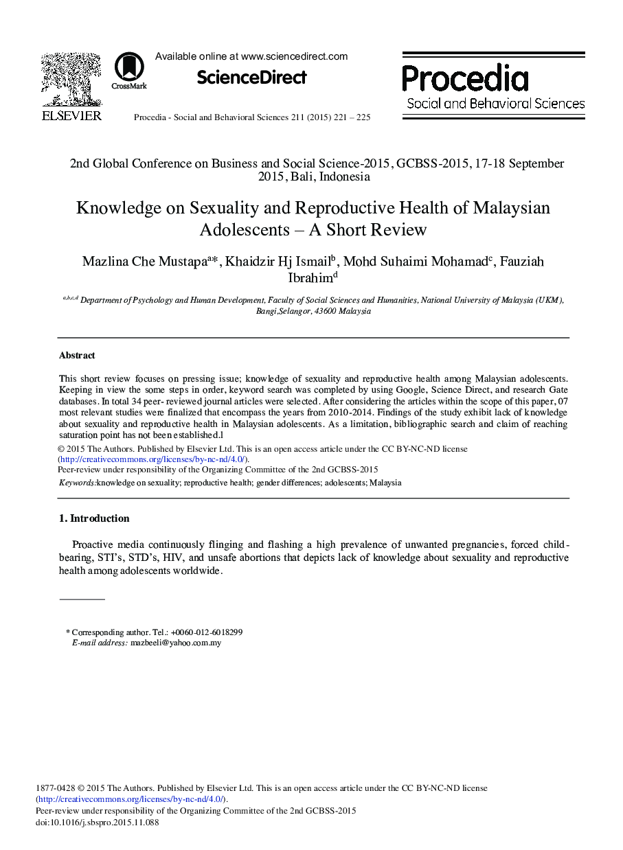 Knowledge on Sexuality and Reproductive Health of Malaysian Adolescents – A Short Review 