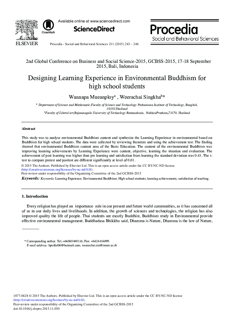 Designing Learning Experience in Environmental Buddhism for High School Students 