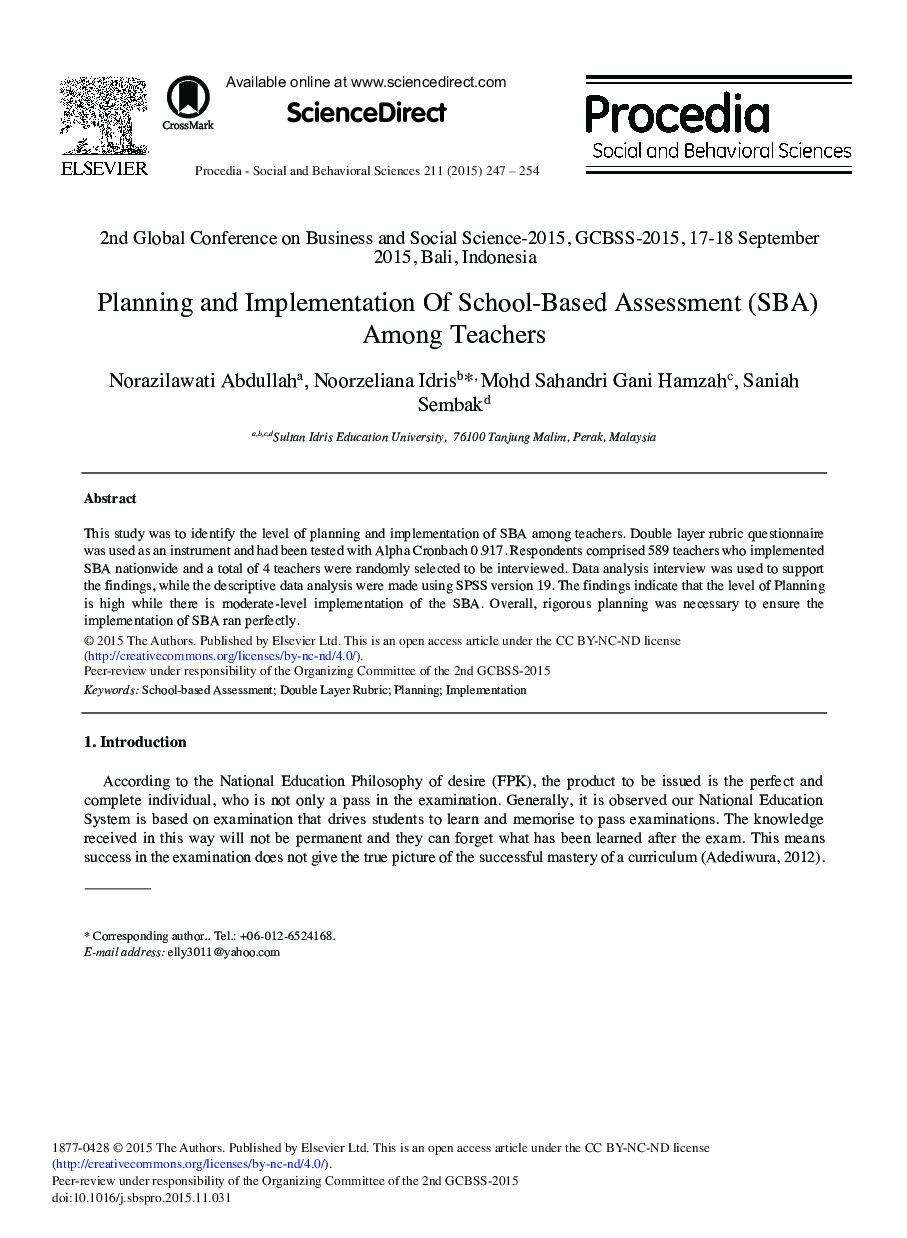 Planning and Implementation Of School-Based Assessment (SBA) Among Teachers 