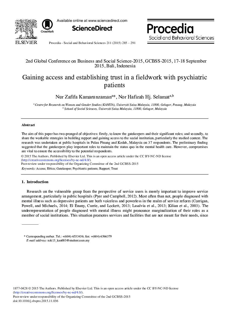 Gaining Access and Establishing Trust in a Fieldwork with Psychiatric Patients 