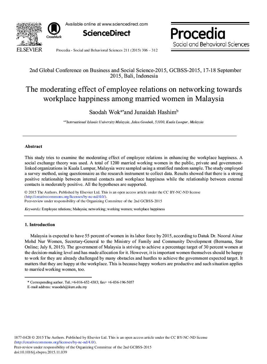 The Moderating Effect of Employee Relations on Networking Towards Workplace Happiness among Married Women in Malaysia 