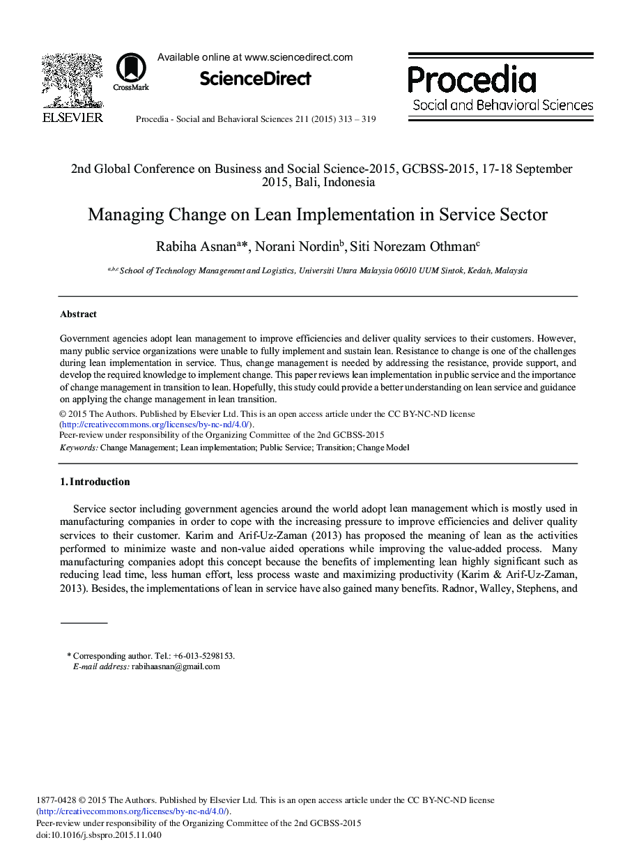 Managing Change on Lean Implementation in Service Sector 