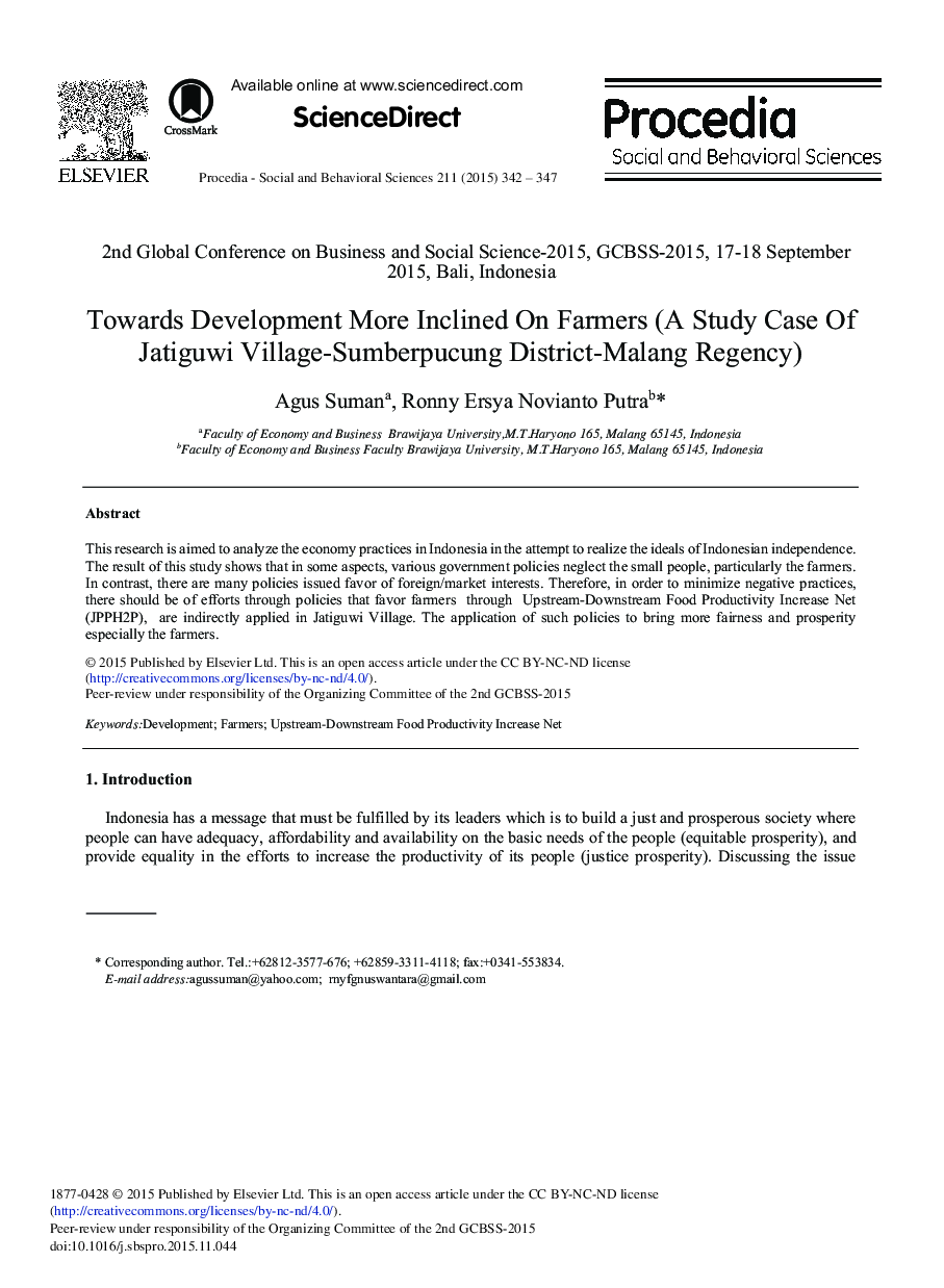 Towards Development More Inclined On Farmers (A Study Case Of Jatiguwi Village-Sumberpucung District-Malang Regency) 