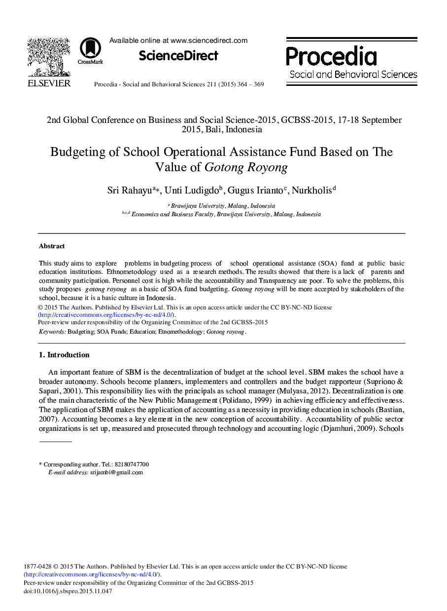 Budgeting of School Operational Assistance Fund Based on The Value of Gotong Royong 