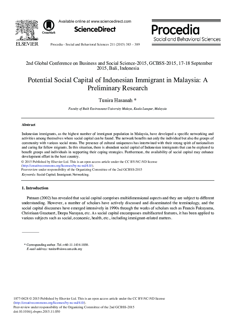 Potential Social Capital of Indonesian Immigrant in Malaysia: A Preliminary Research 