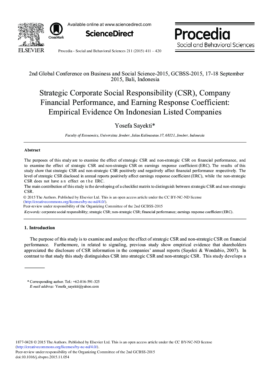 Strategic Corporate Social Responsibility (CSR), Company Financial Performance, and Earning Response Coefficient: Empirical Evidence On Indonesian Listed Companies 