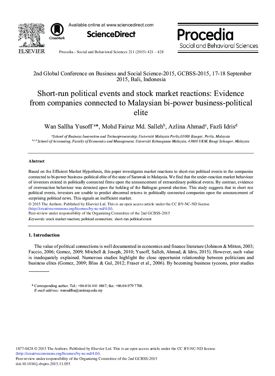 Short-run Political Events and Stock Market Reactions: Evidence from Companies Connected to Malaysian bi-Power Business-political Elite 