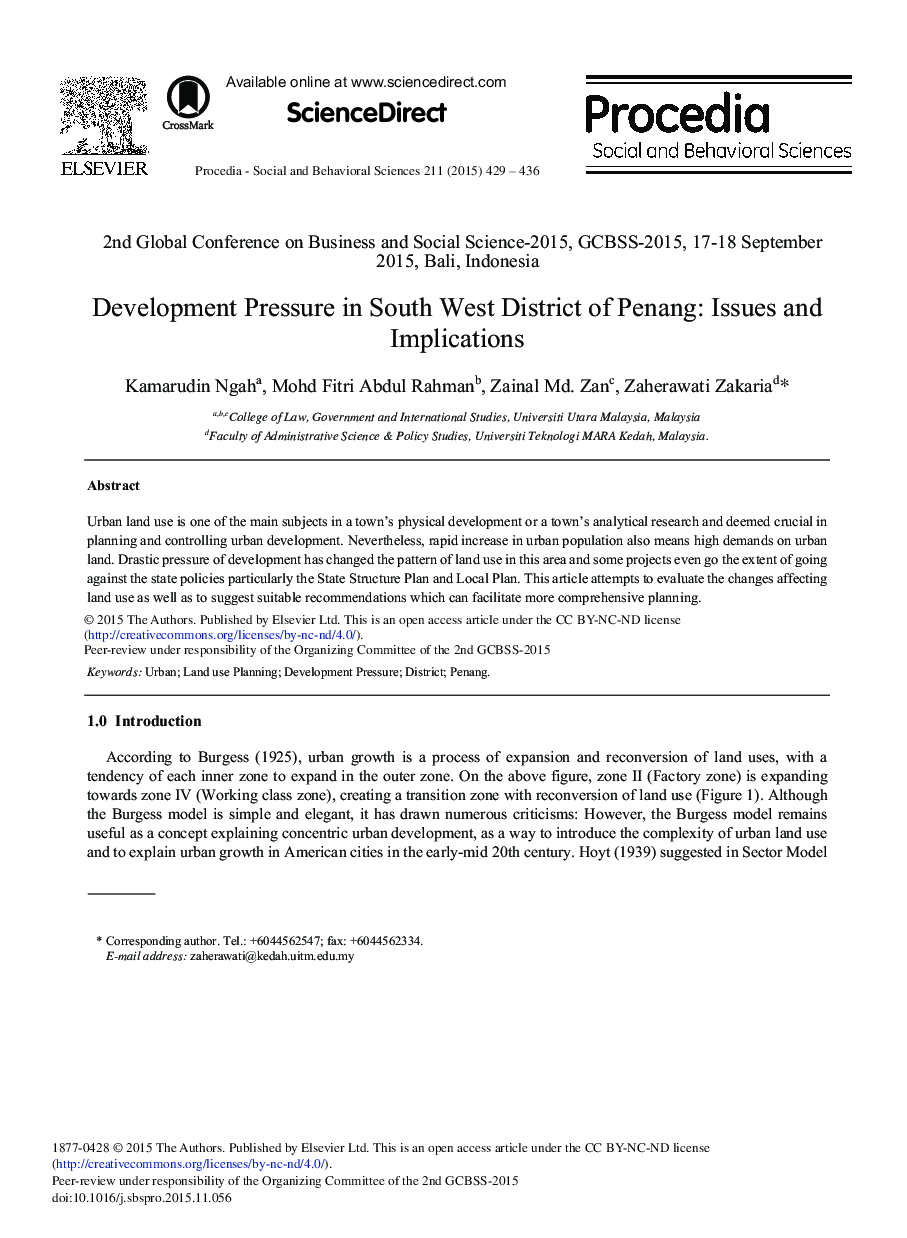 Development Pressure in South West District of Penang: Issues and Implications 