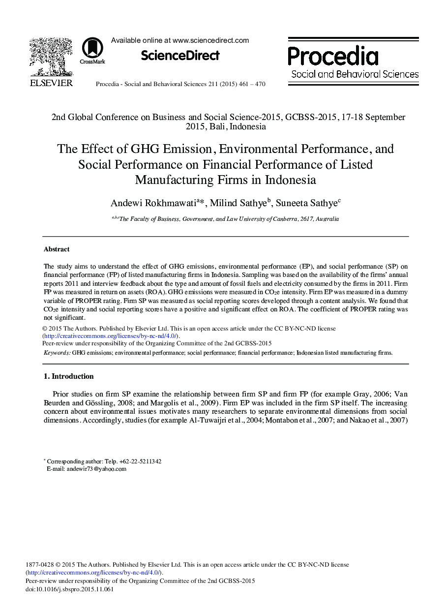 The Effect of GHG Emission, Environmental Performance, and Social Performance on Financial Performance of Listed Manufacturing Firms in Indonesia 