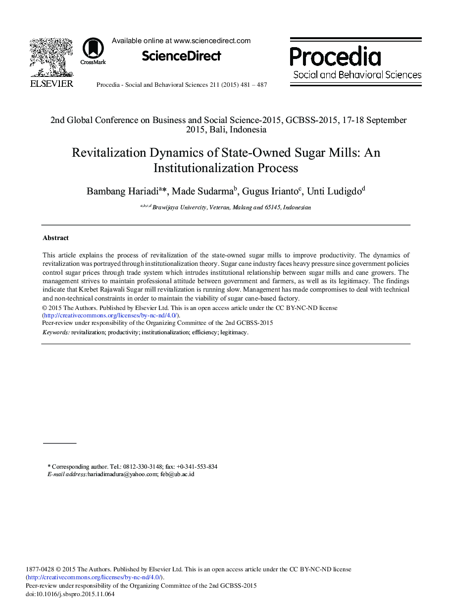 Revitalization Dynamics of State-owned Sugar Mills: An Institutionalization Process 