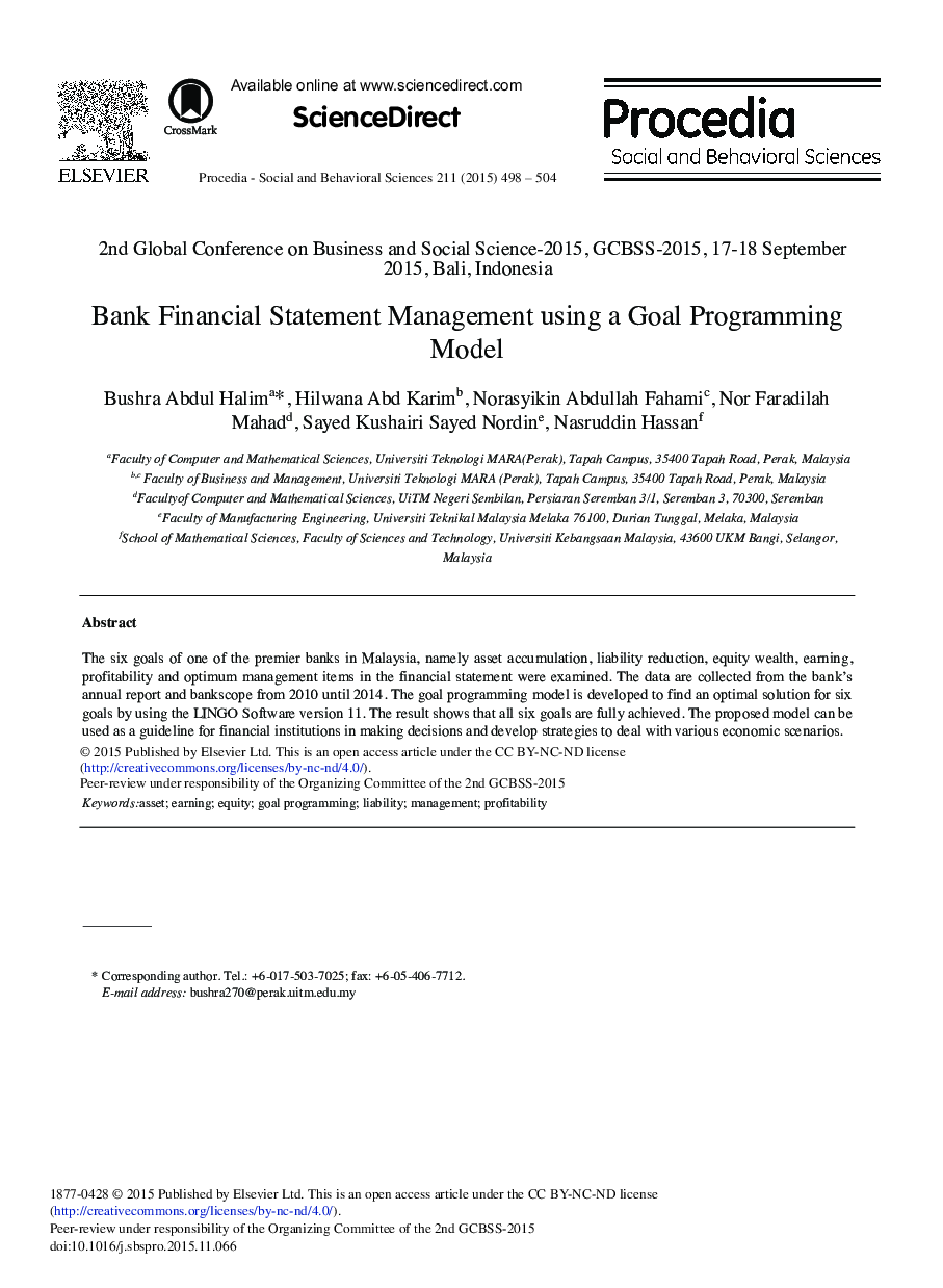 Bank Financial Statement Management using a Goal Programming Model 