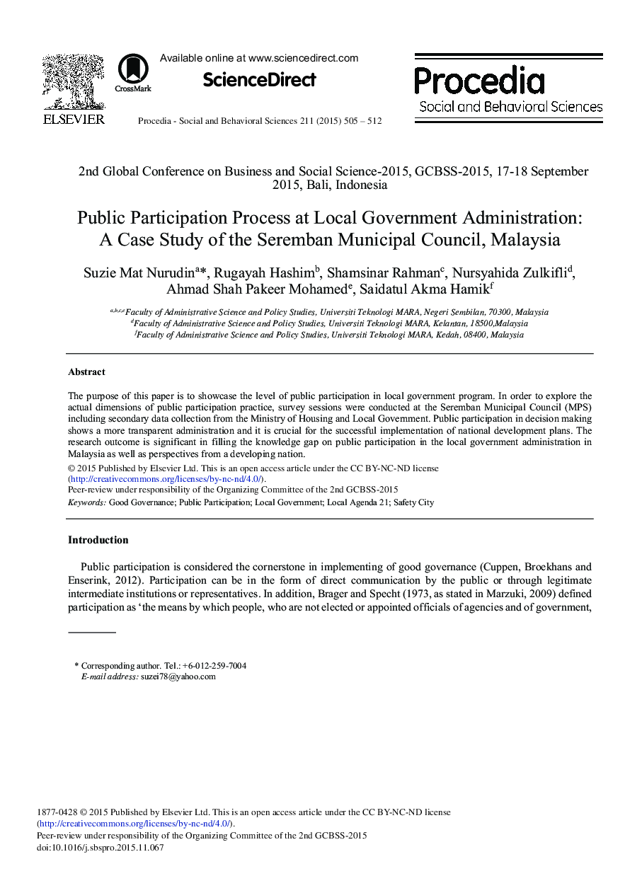 Public Participation Process at Local Government Administration: A Case Study of the Seremban Municipal Council, Malaysia 