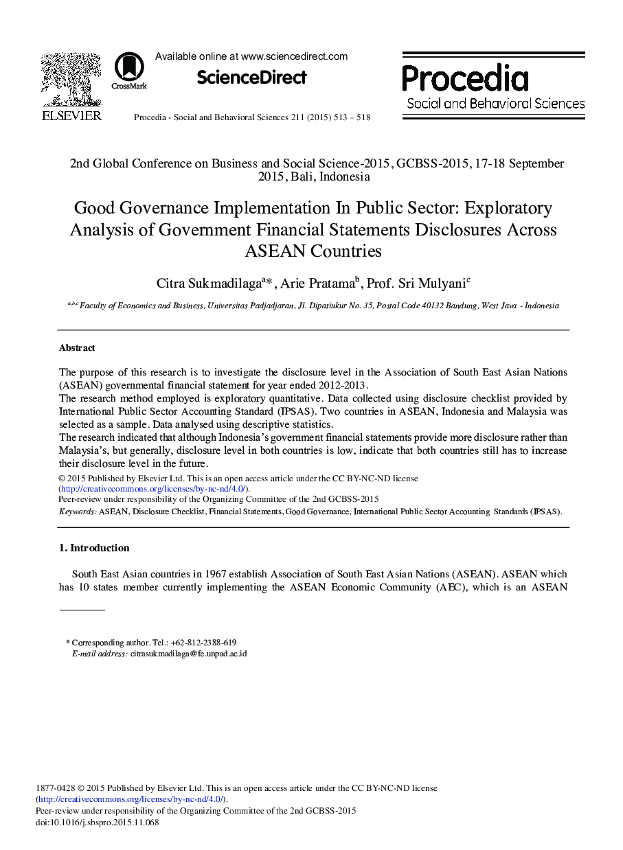 Good Governance Implementation in Public Sector: Exploratory Analysis of Government Financial Statements Disclosures Across ASEAN Countries 