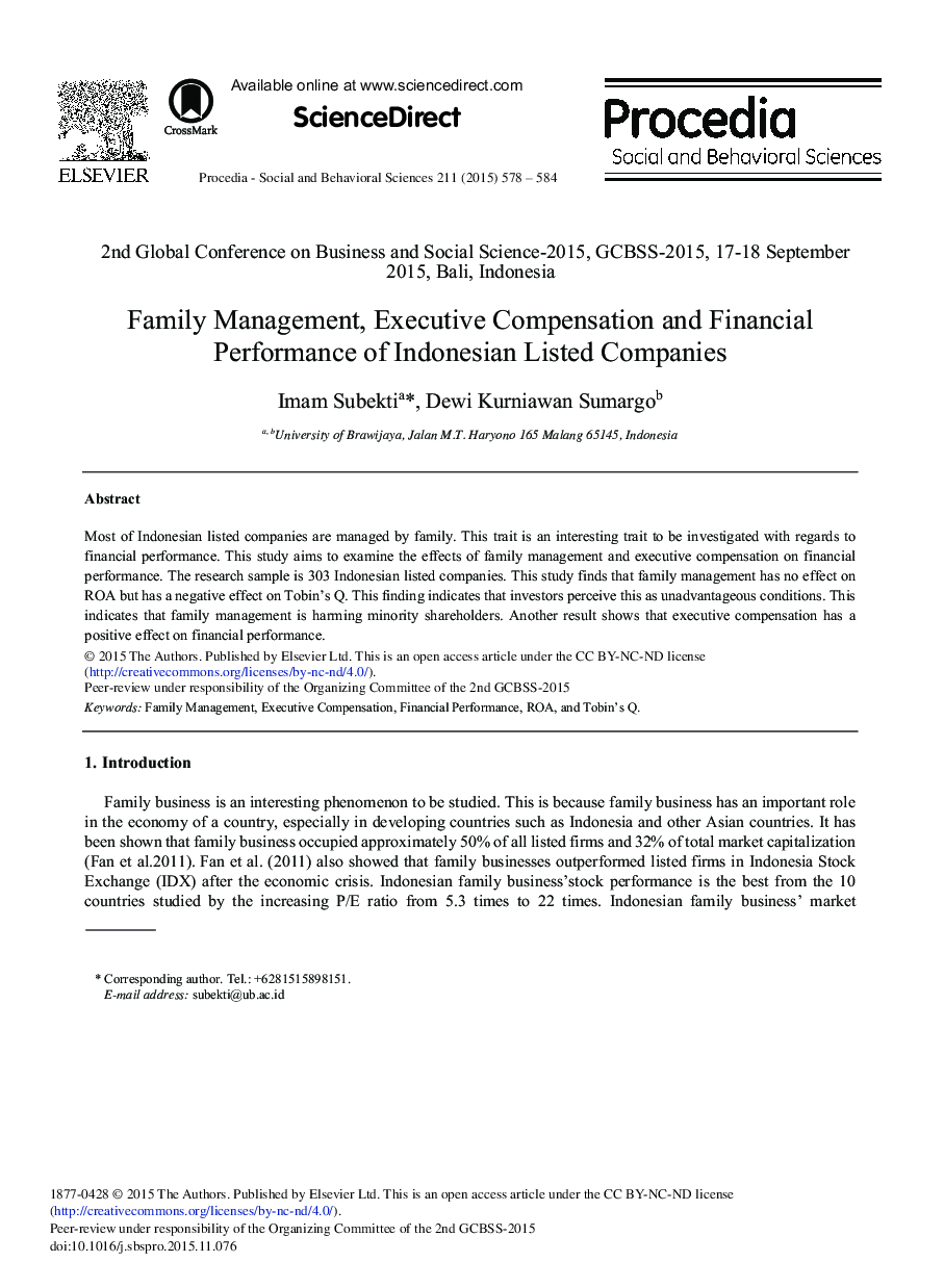 Family Management, Executive Compensation and Financial Performance of Indonesian Listed Companies 