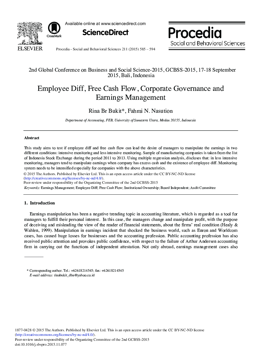 Employee Diff, Free Cash Flow, Corporate Governance and Earnings Management 