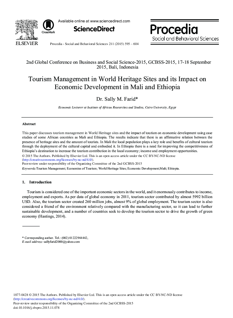 Tourism Management in World Heritage Sites and its Impact on Economic Development in Mali and Ethiopia 