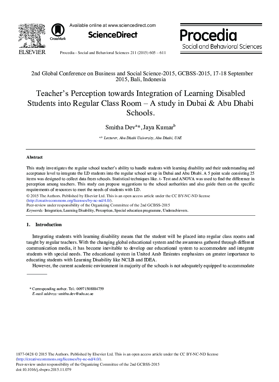 Teacher's Perception towards Integration of Learning Disabled Students into Regular Class Room – A Study in Dubai & Abu Dhabi Schools 