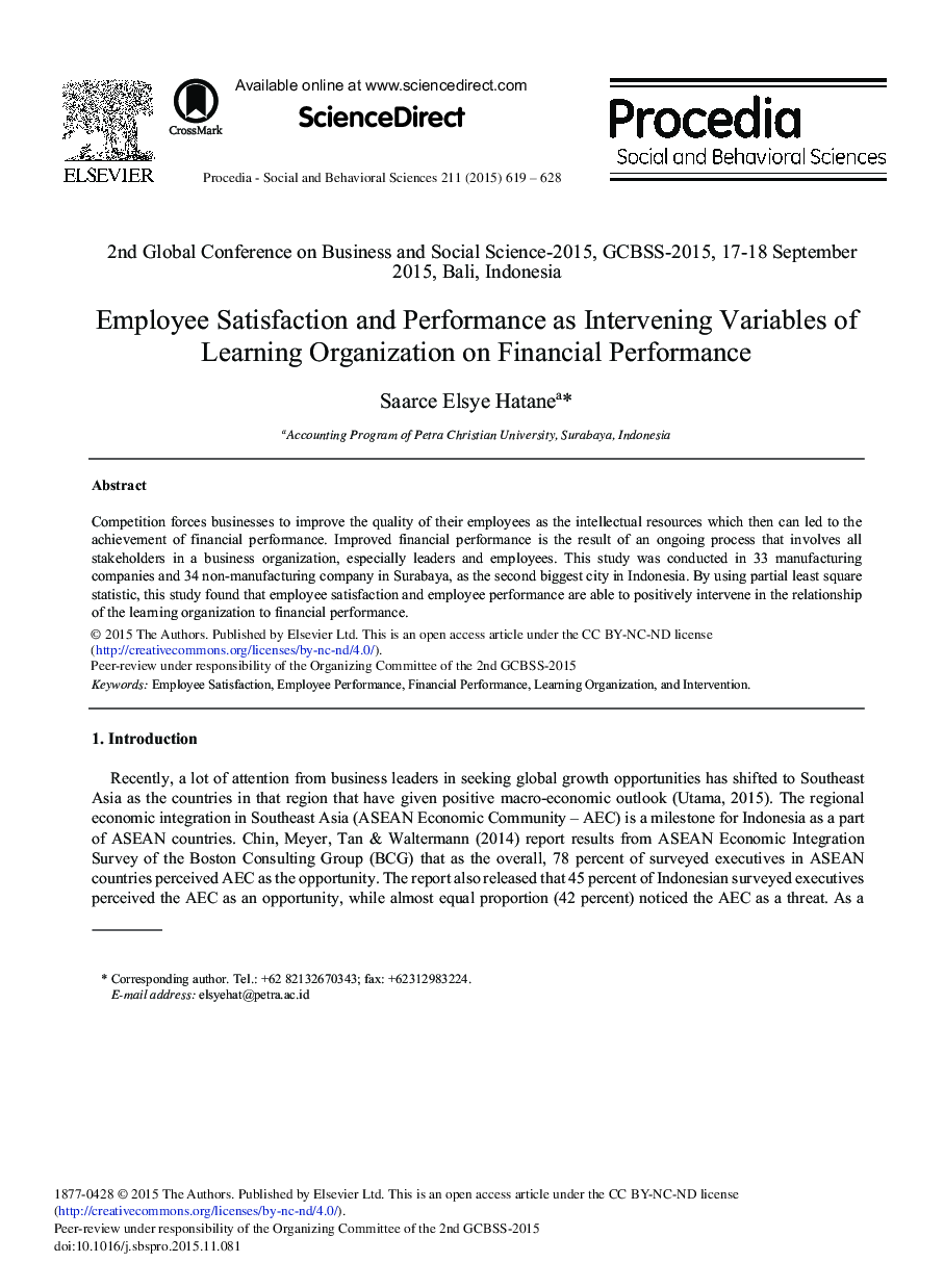 Employee Satisfaction and Performance as Intervening Variables of Learning Organization on Financial Performance 