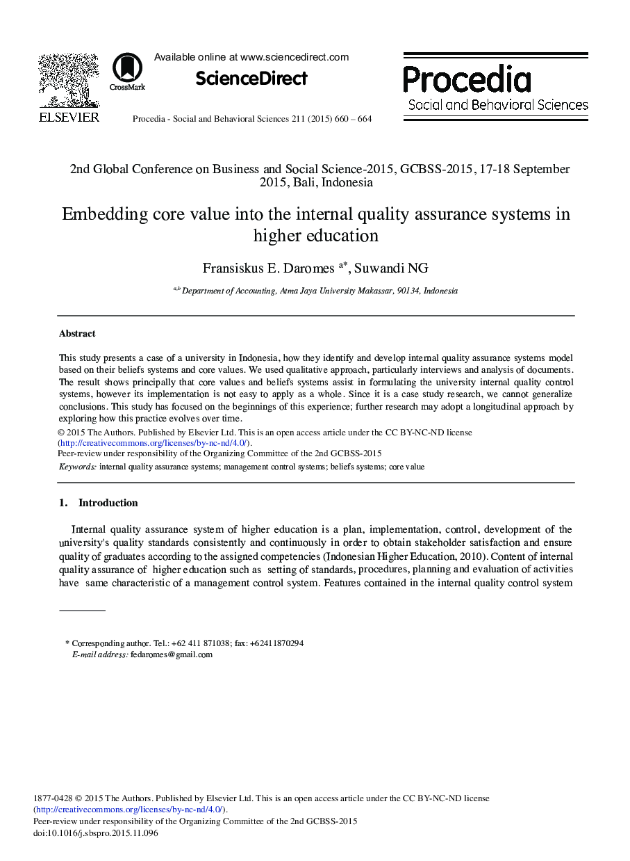 Embedding Core Value into the Internal Quality Assurance Systems in Higher Education 