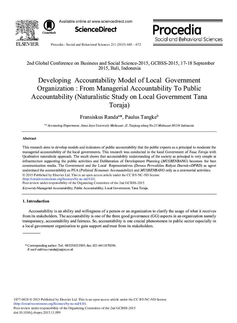 Developing Accountability Model of Local Government Organization: From Managerial Accountability to Public Accountability (Naturalistic Study on Local Government Tana Toraja) 