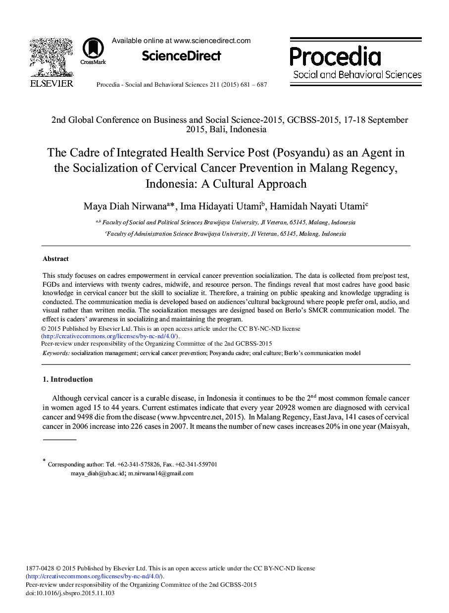 The Cadre of Integrated Health Service Post (Posyandu) as an Agent in the Socialization of Cervical Cancer Prevention in Malang Regency, Indonesia: A Cultural Approach 