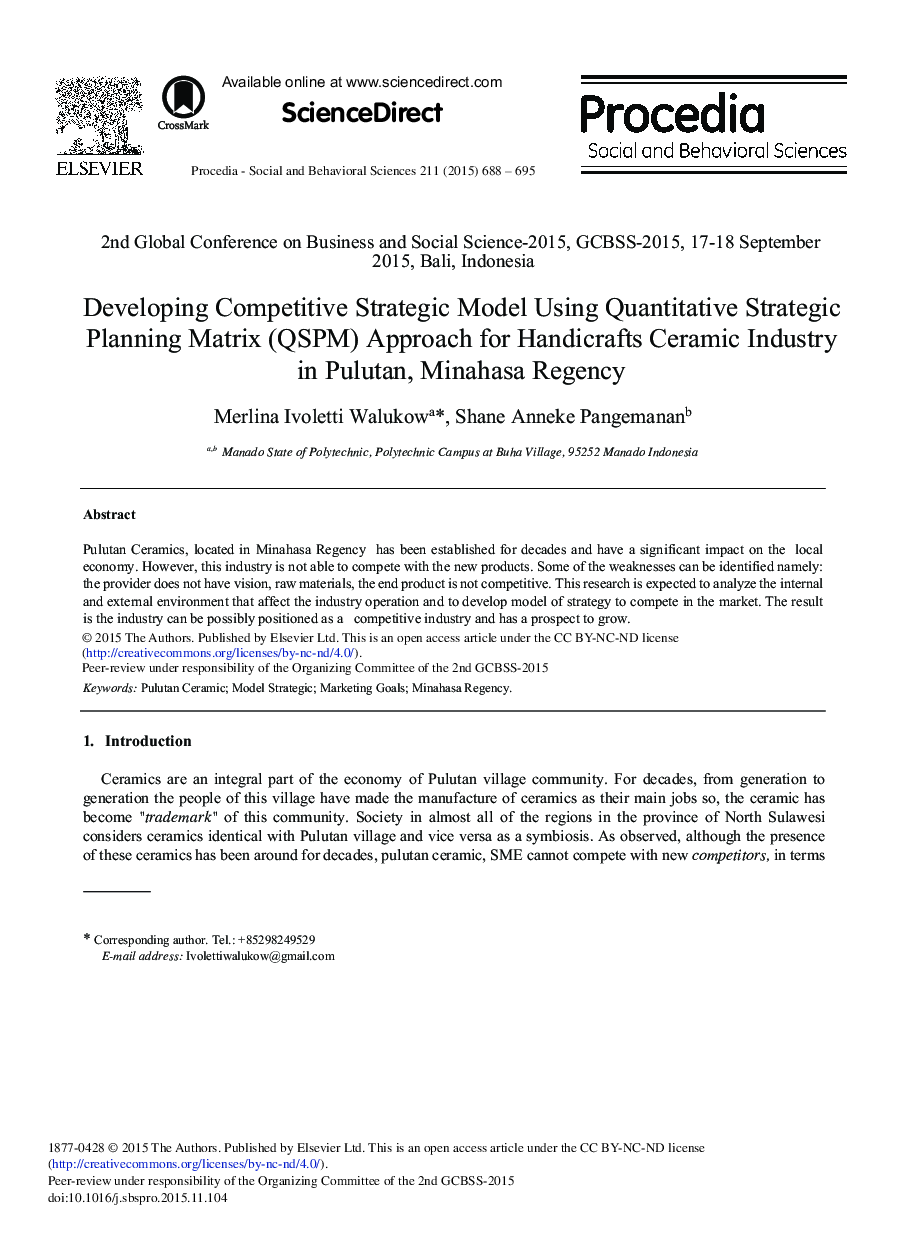 Developing Competitive Strategic Model Using Quantitative Strategic Planning Matrix (QSPM) Approach for Handicrafts Ceramic Industry in Pulutan, Minahasa Regency 