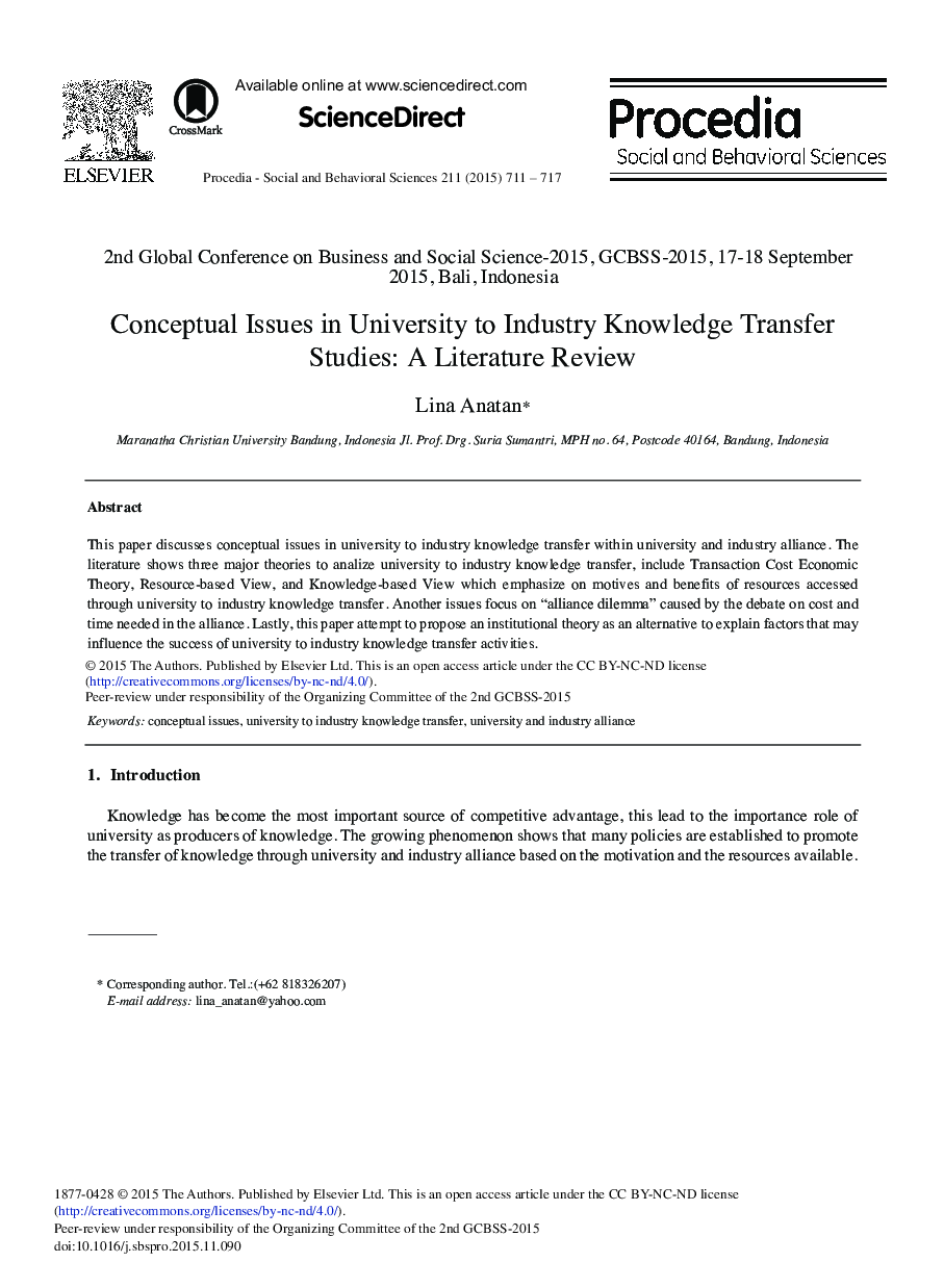 Conceptual Issues in University to Industry Knowledge Transfer Studies: A Literature Review 