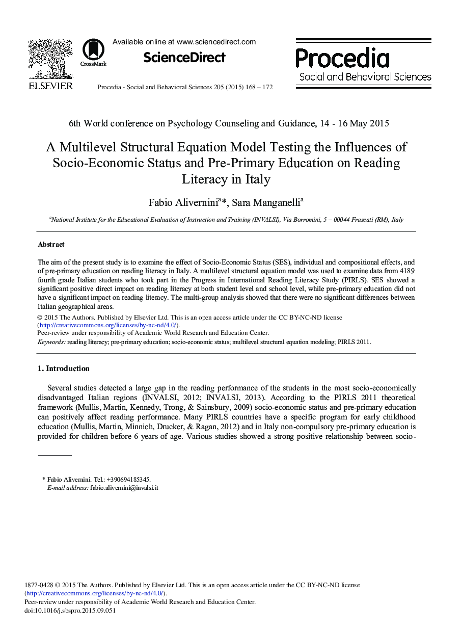 مدل معادلات ساختاری چندسطحی تست تأثیرات وضعیت اجتماعی-اقتصادی و آموزش ابتدایی بر سواد خواندن در ایتالیا 