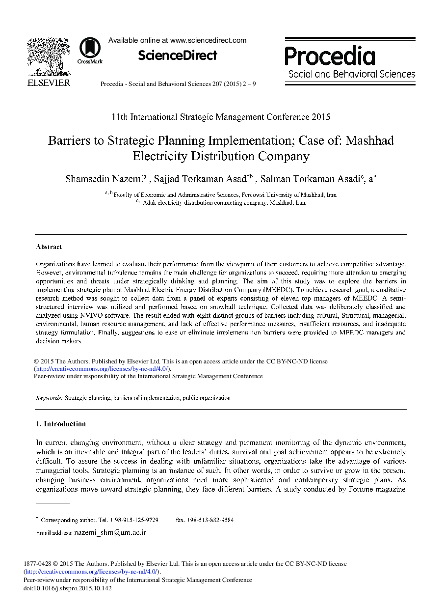 Barriers to Strategic Planning Implementation; Case of: Mashhad Electricity Distribution Company 