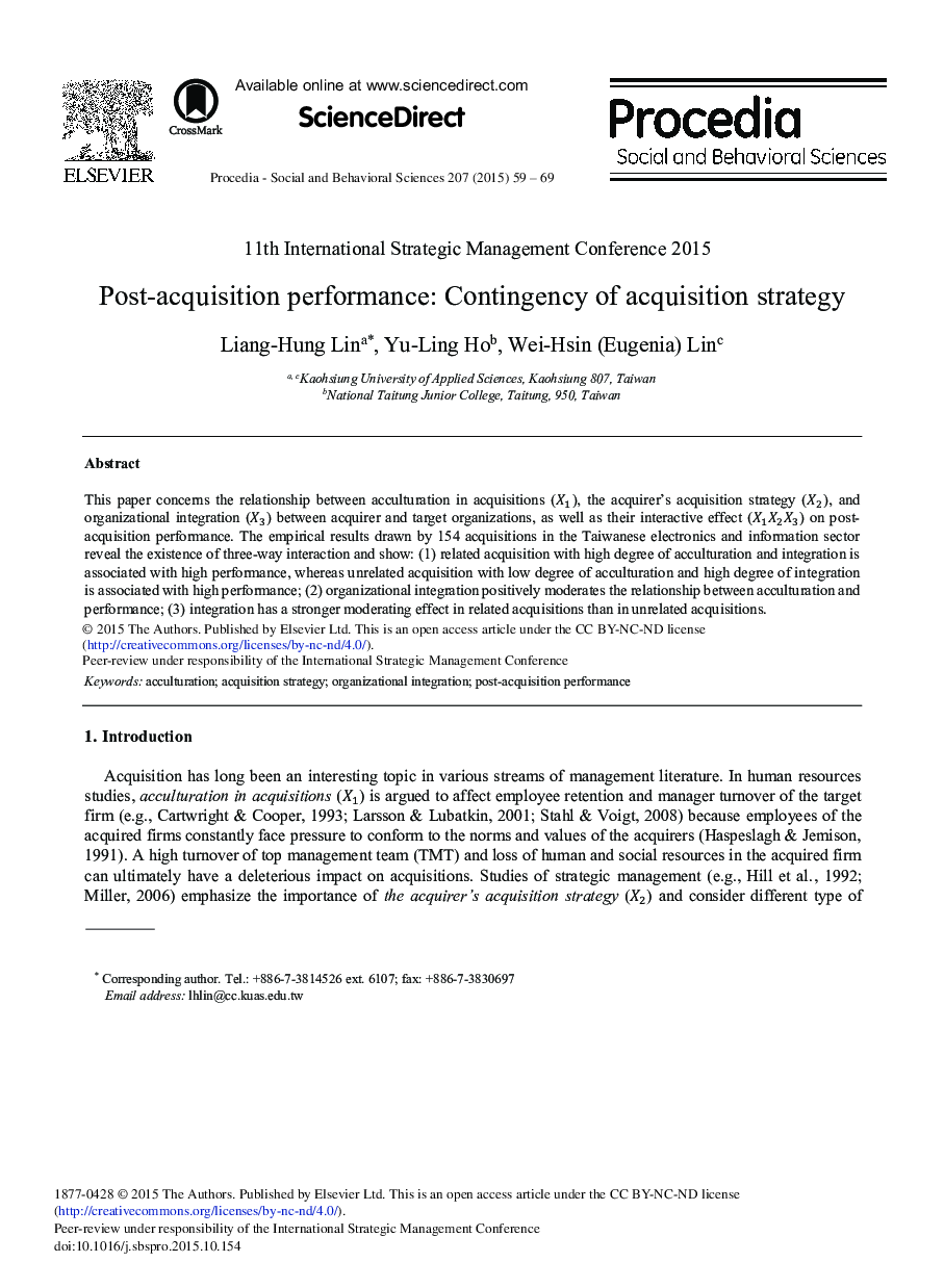 Post-acquisition Performance: Contingency of Acquisition Strategy 