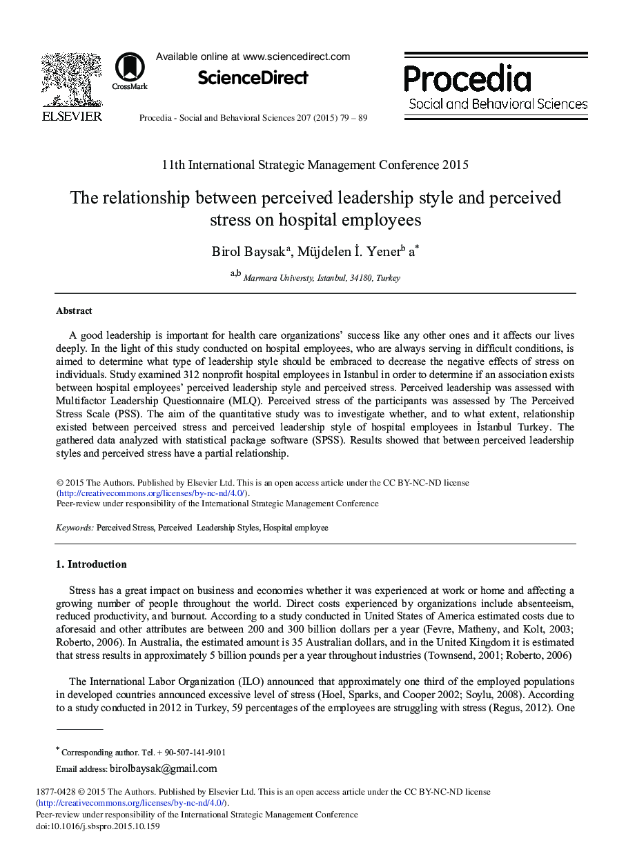 The Relationship Between Perceived Leadership Style and Perceived Stress on Hospital Employees 