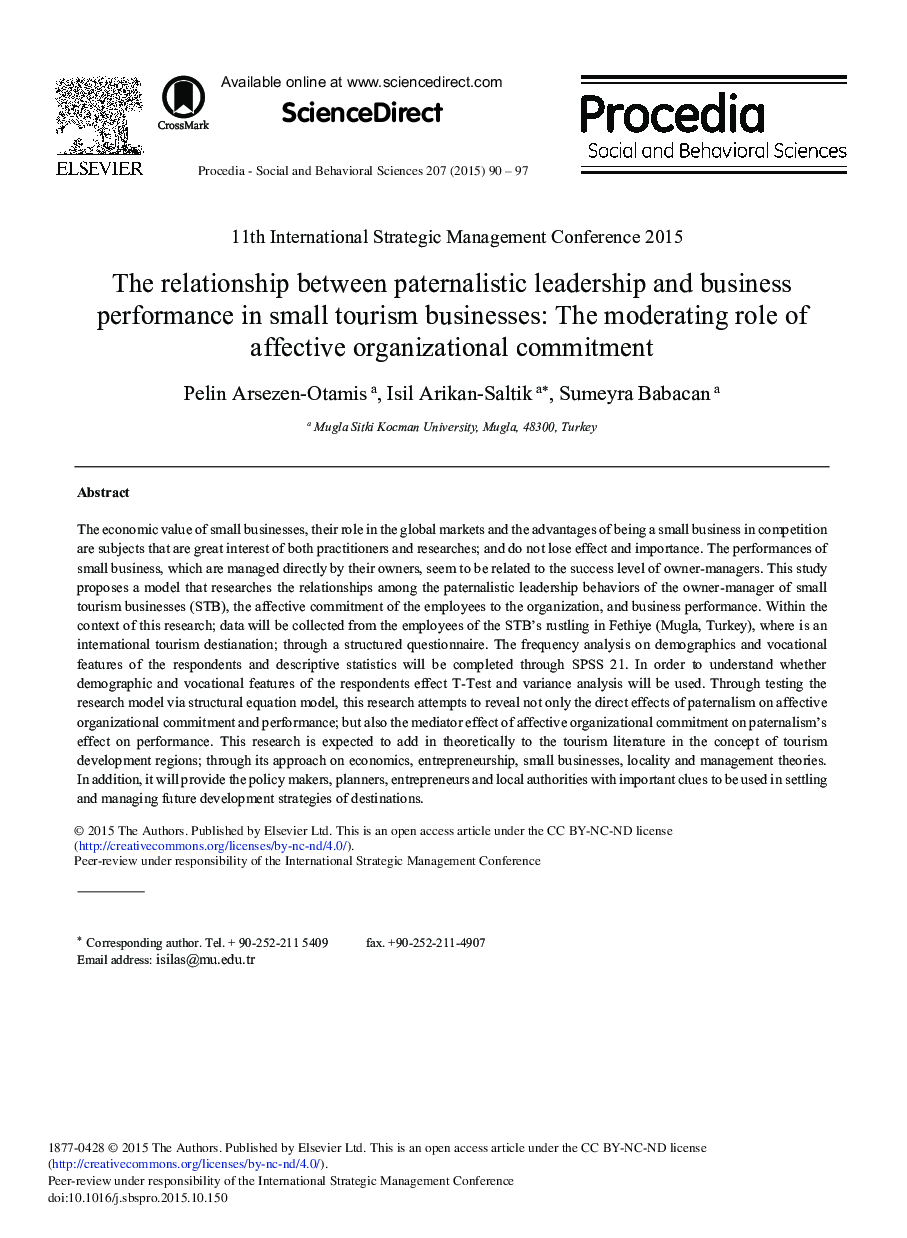 The Relationship Between Paternalistic Leadership and Business Performance in Small Tourism Businesses: The Moderating Role of Affective Organizational Commitment 