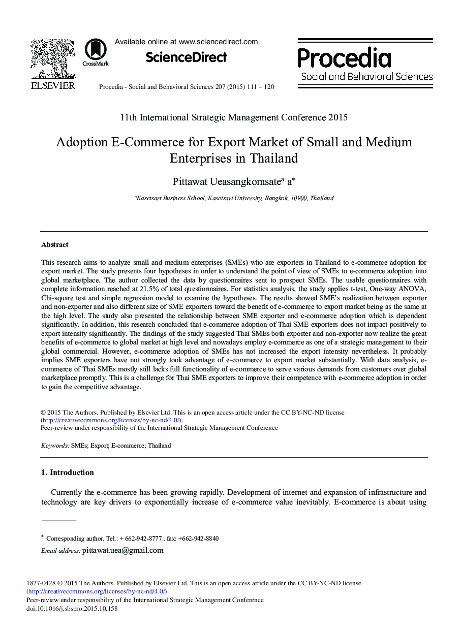 Adoption E-Commerce for Export Market of Small and Medium Enterprises in Thailand 