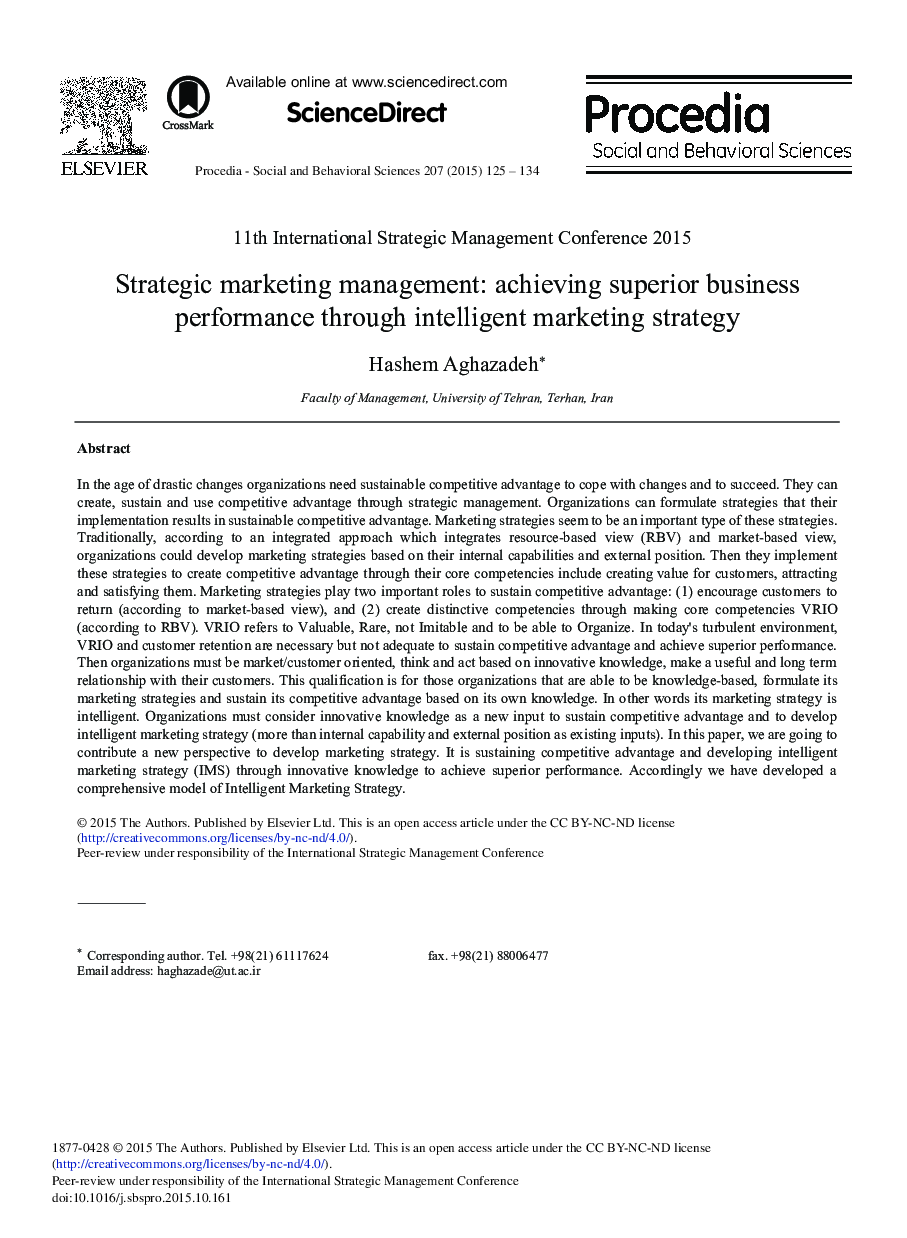 Strategic Marketing Management: Achieving Superior Business Performance through Intelligent Marketing Strategy 