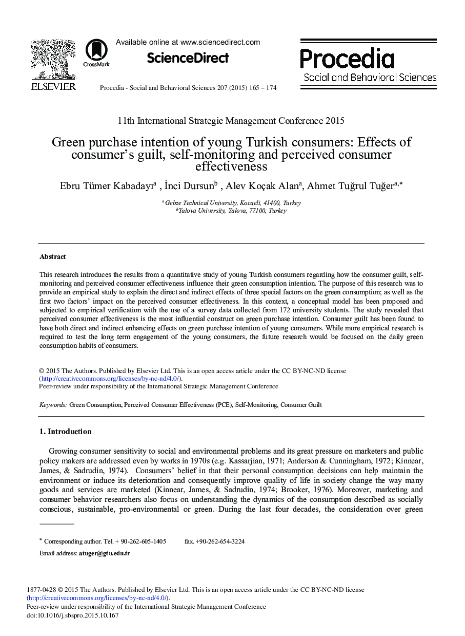 Green Purchase Intention of Young Turkish Consumers: Effects of Consumer's Guilt, Self-monitoring and Perceived Consumer Effectiveness 