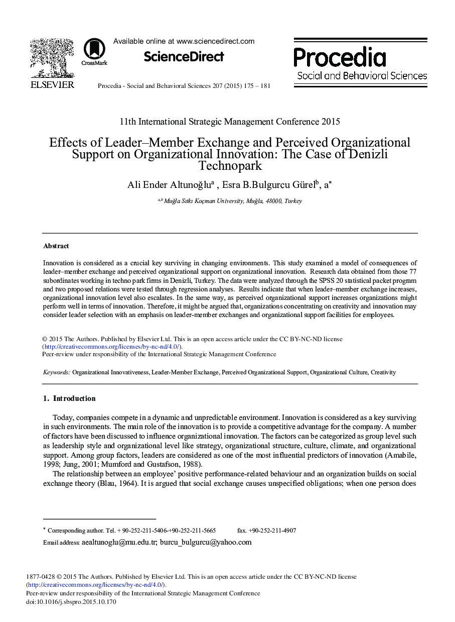 Effects of Leader–member Exchange and Perceived Organizational Support on Organizational Innovation: The Case of Denizli Technopark 