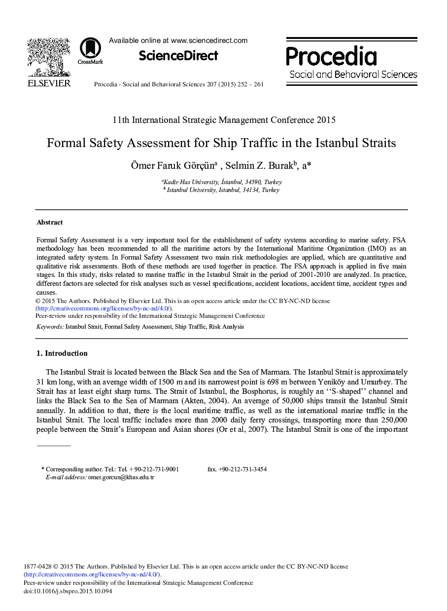 Formal Safety Assessment for Ship Traffic in the Istanbul Straits