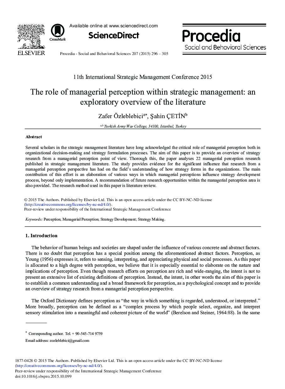 The Role of Managerial Perception within Strategic Management: An Exploratory Overview of the Literature 