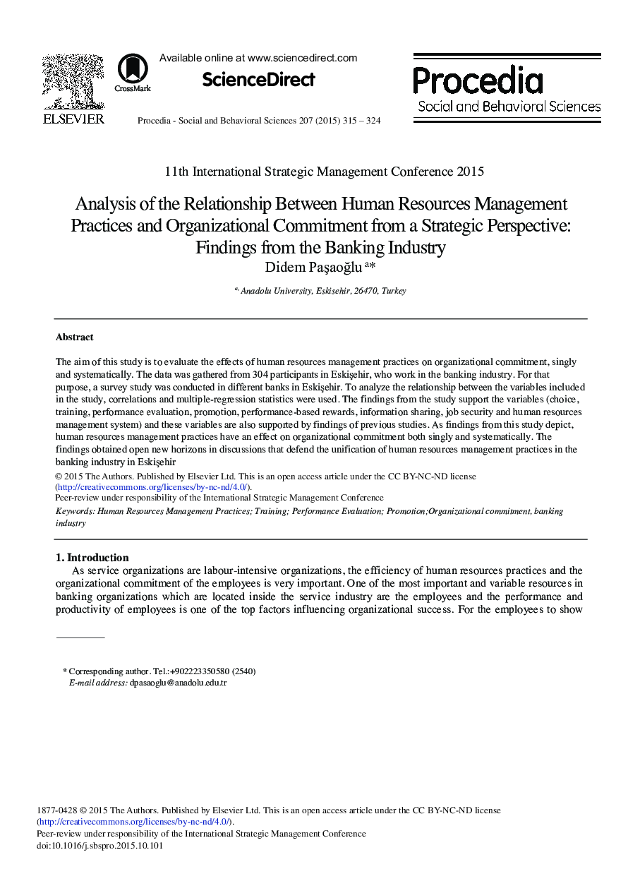 Analysis of the Relationship Between Human Resources Management Practices and Organizational Commitment from a Strategic Perspective: Findings from the Banking Industry