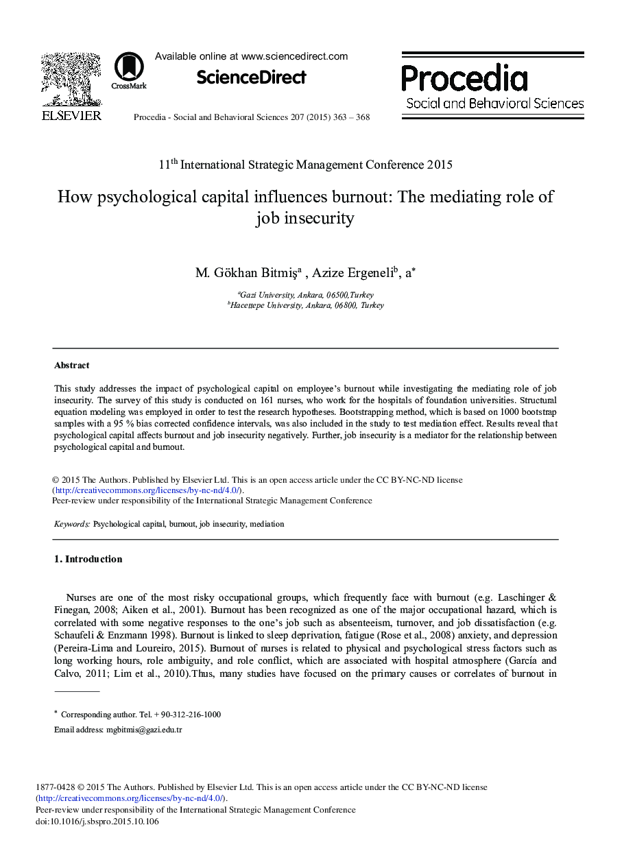 How Psychological Capital Influences Burnout: The Mediating Role of Job Insecurity 